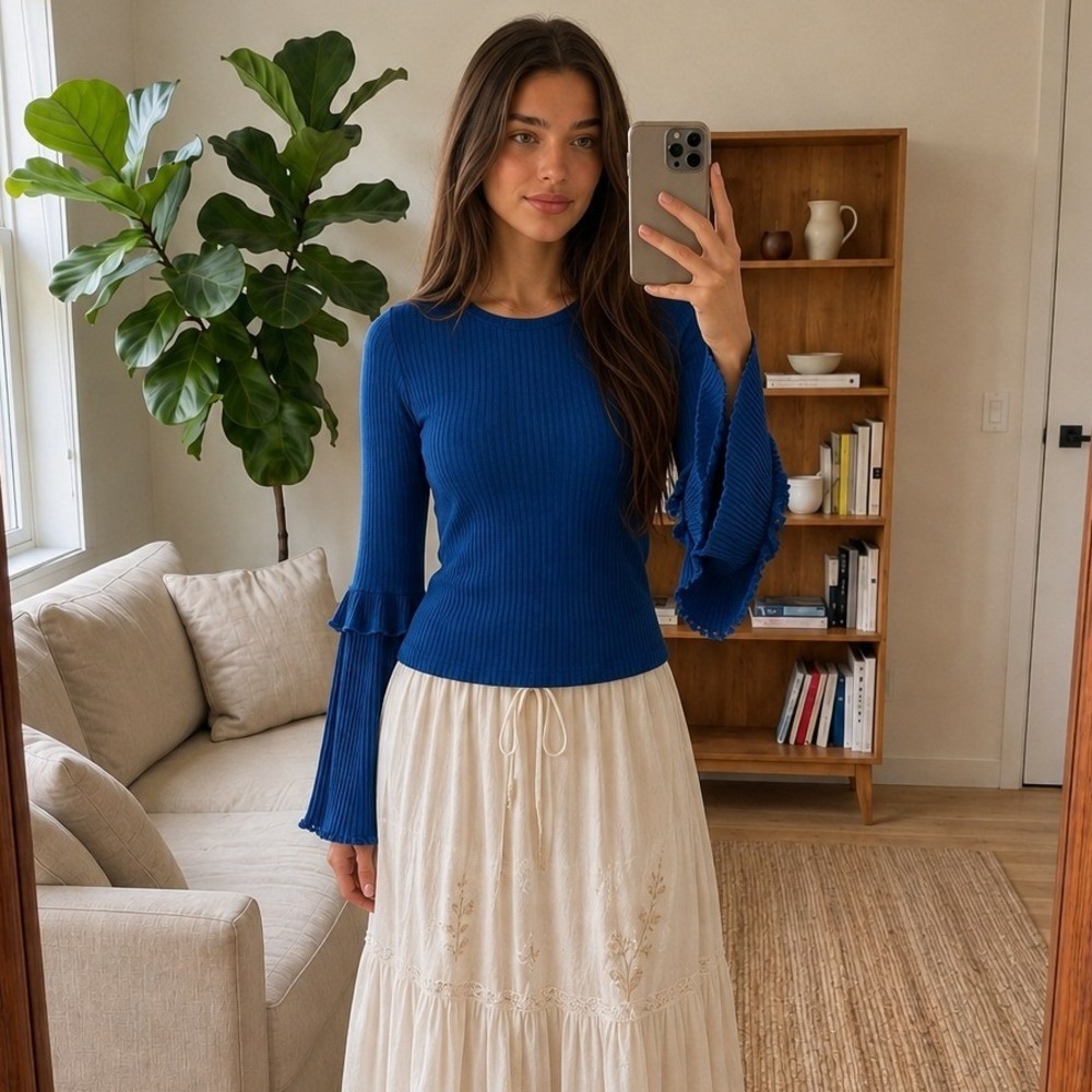 Altar'd State Womens Top M Blue Ribbed Knit Ruffle Bell Sleeve Crochet Trim Boho
